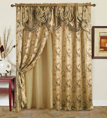 Taupe Brown Gold Beaded 5 pc Window Curtains Set Panels Drapes Valance 84 inch L