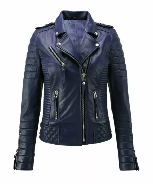 Women's Navy Blue Leather Moto Biker Jacket Pure Lambskin Quilted Authentic Coat