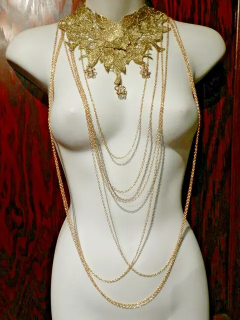 GOLD CHAIN & STARS LACE BODY JEWELRY necklace harness yoke choker bib top Y3