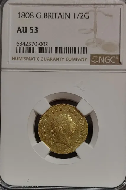 1808 GREAT BRITAIN George III GOLD 1/2 Guinea Coin NGC AU53 FULL GRADE, No Notes