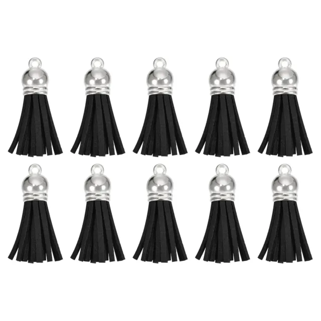 20Pcs 1.5" Leather Tassels Keychain Charm with Silver Cap for DIY, Black