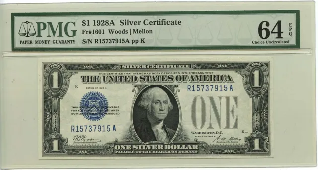 1928A $1 Silver Certificate Blue Woods Mellon Fr# 1601 PMG CU 64 EPQ
