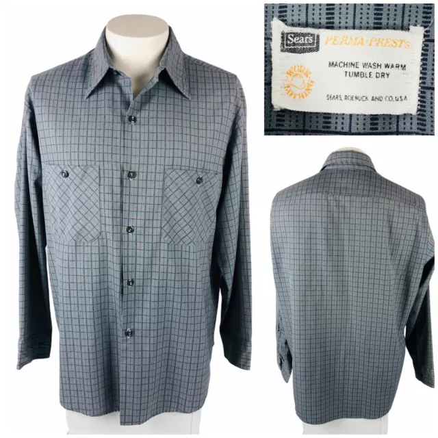 Sears Mens Large XL Shirt Perma Prest Work Clothing Roebuck Gray Vintage