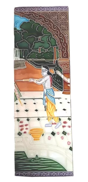 Vintage Art-Nouveau glazed Majolica Lord Krishna Playing Holi Ceramic Tiles.