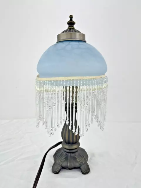 Victorian Style Metal Boudoir Blue Frosted Glass Globe Beaded Fringe Accent Lamp