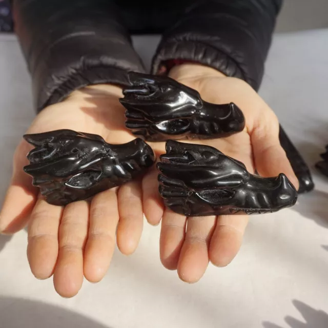 3Pcs Natural Black Obsidian Quartz Crystal Dragon Head Carving Healing 7-8cm