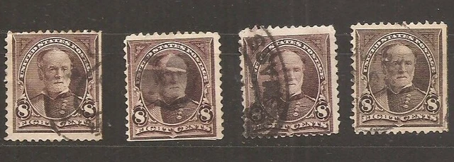 4 Timbres USA " Sherman 8 cents, violet brun, n°257 -272 Scott. Fancy Cancel
