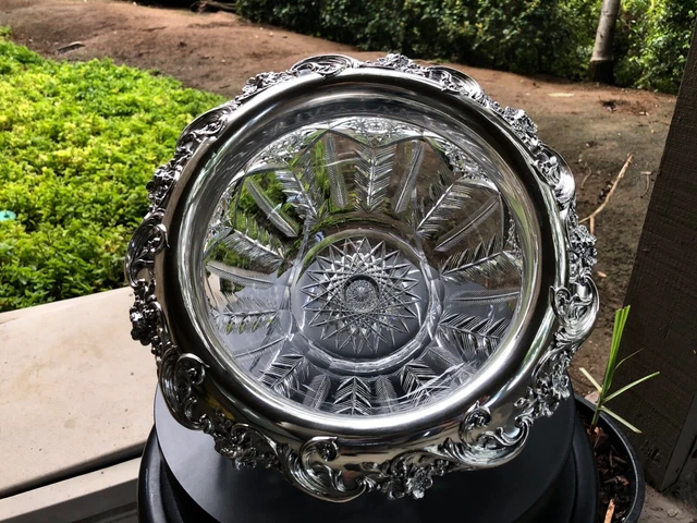 AMERICAN BRILLIANT cut glass bowl. Rare "Queens" pattern Sinclaire. Sterling. 2