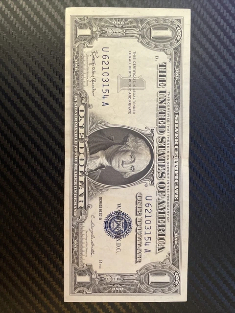 One 1957 B Series Blue Seal $1 Dollar Silver Certificate USA / Serial# H02737493