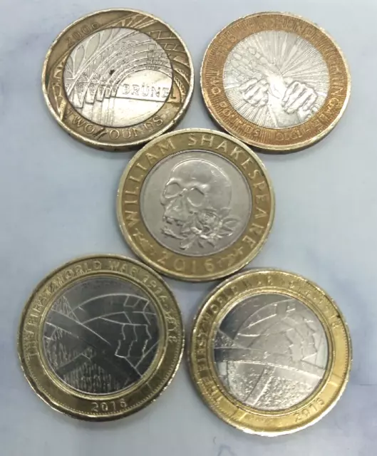 5 seltene £2 Münzen 2 Pfund Tragödien Shakespeare Nachtigall Brunel 1. Weltkrieg