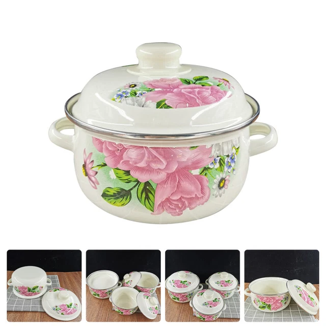 Pentola Smaltata Rosa Housoutil 1.1L | Antiaderente, Coperchio | Stile Retrò Cinese