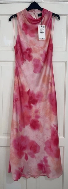 ZARA PINK TIE-DYE Sleeveless Round Neck Midi Satin Dress With Lining Size M  Bnwt 34.99 - PicClick UK