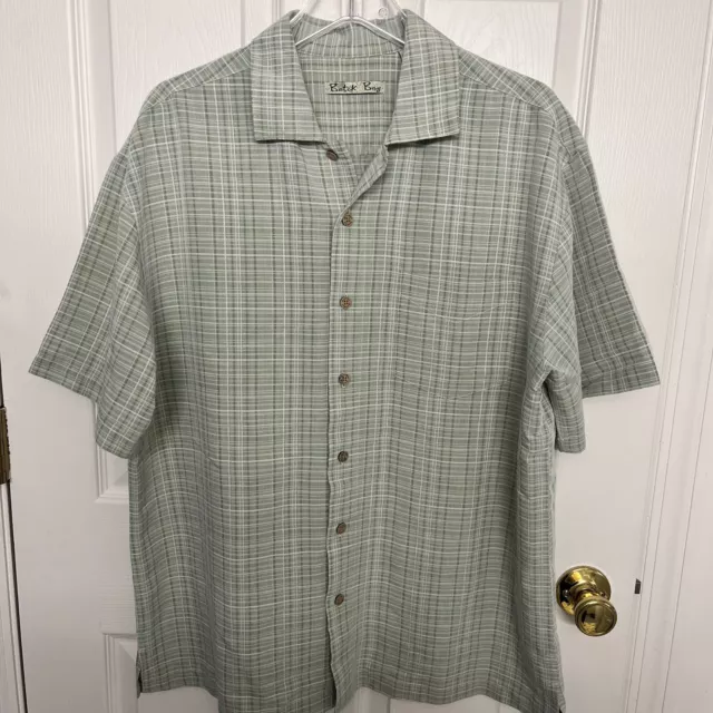 Batik Bay Men's Short Sleeve Button Up Plaid Shirt. Light Green. Size L