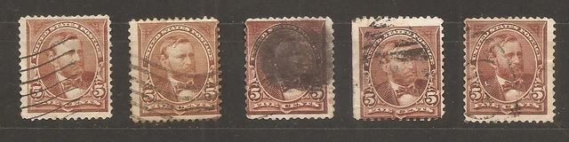 5 Timbres USA " U.S Grant 5 cents, chocolat, n°255 Scott. Divers Fancy Cancel
