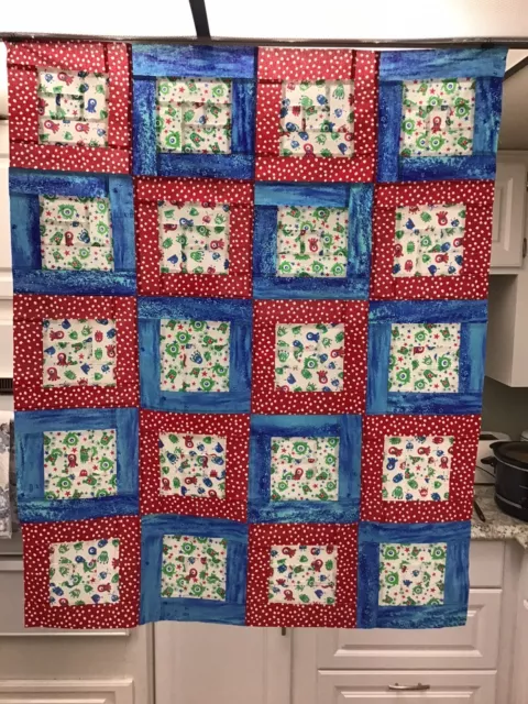 #2 Scrappy Lil Alien Monster Log Cabin Quilt Top 35" x 43"