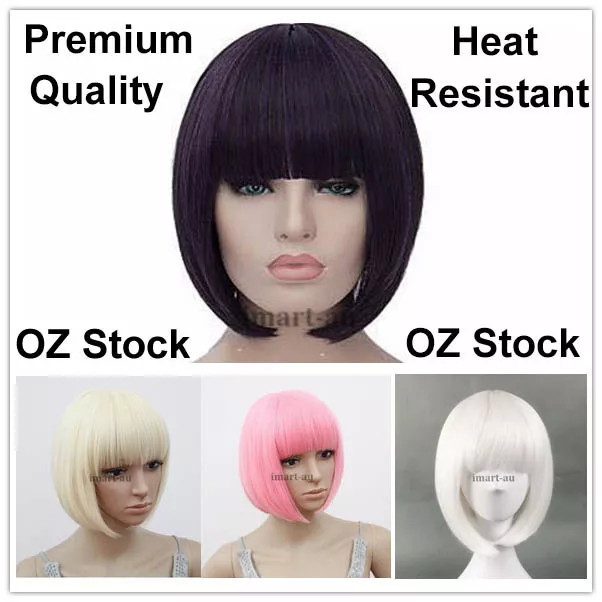 Womens Short Straight BOB Sleek Hair with bang Synthetic Cosplay Wig Wigs Party