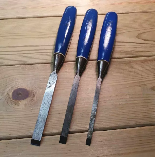 3 x Vintage Graduated Marples Blue Chip Firmer Wood Chisels Old Tools Sheffield