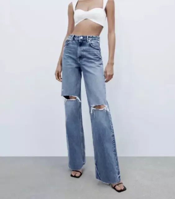 ZARA NEW WOMAN Wide-Leg Full-Length Ripped Jeans Light Blue 6045/025 ,  8727/125 $54.87 - PicClick