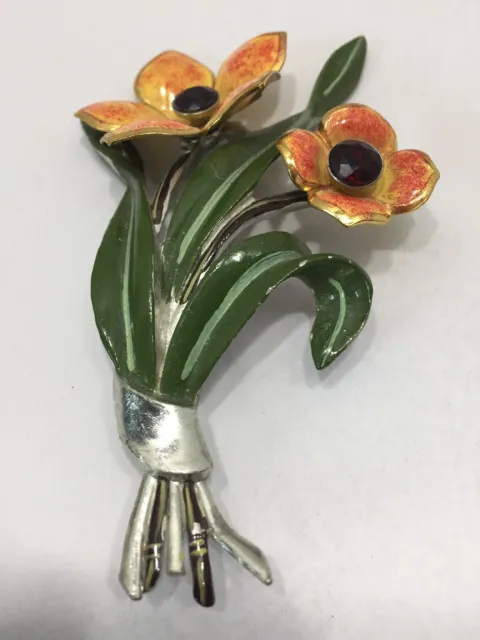 vtg 60s Orange Enamel silver tone Flower Pin 3 3/4”L Flowers move Red RS