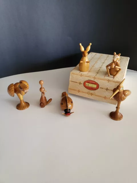 6 Vintage Miniature Hand Carved Wood Animal Figurine