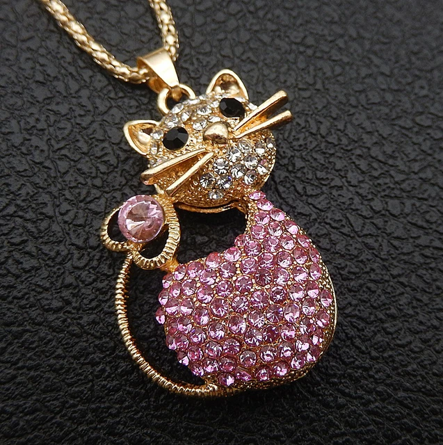 Betsey Johnson Pink Crystal Rhinestone Cute Cat Pendant Sweater Necklace