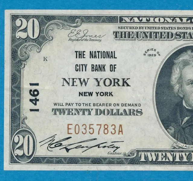 $20.  1929  T-I  The  National City Bank Of New York Chart.#1461  Au