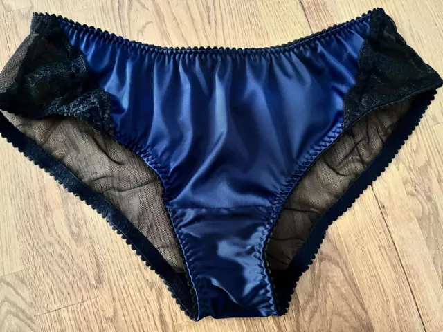 Womens underwear size uk14 navy blue satin & black lace briefs see through bum