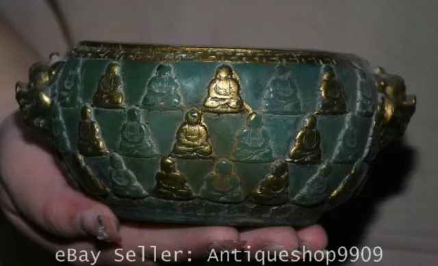 6" Chinese Buddhism Green Jade Gilt Carving Buddha Pattern 2 Ear Pot Jar Crock