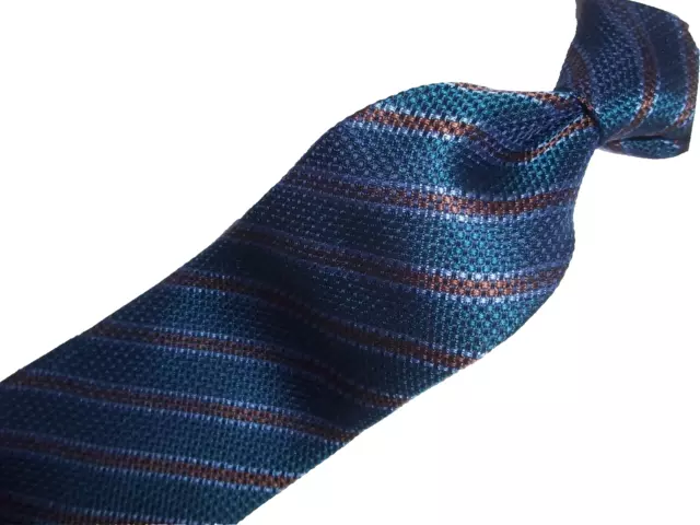 Kiton Napoli Seven Fold Teal Striped Woven Silk Tie 59"L x 3.5"W