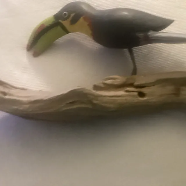 Toucan On Driftwood Base  Hand Carved Wood Tropical Sculpture Bird Decor Tiki