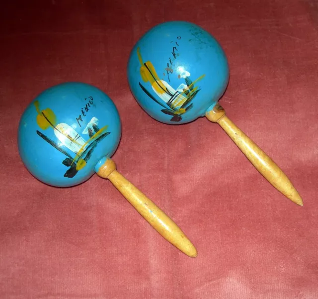 TWO Hand Made Mexican Maracas ~ Musical Gourds ~ Pair Rumba Shakers ~ Aqua Blue