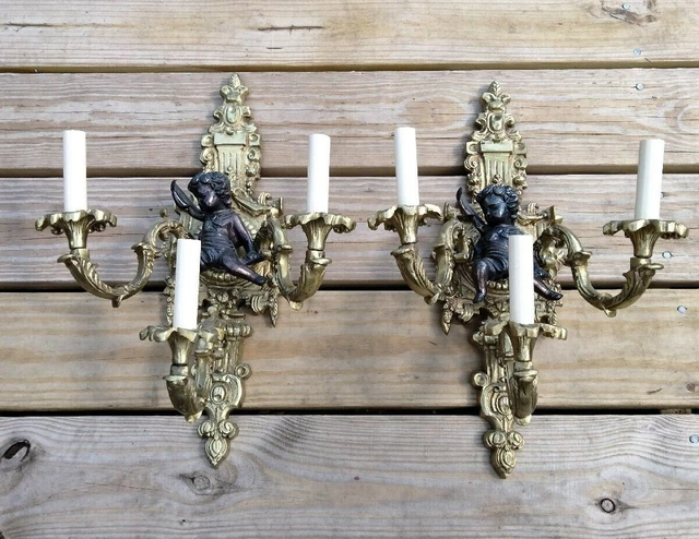 Vintage Pr Ornate French Brass / Bronze Baby - Putti Sconces Look