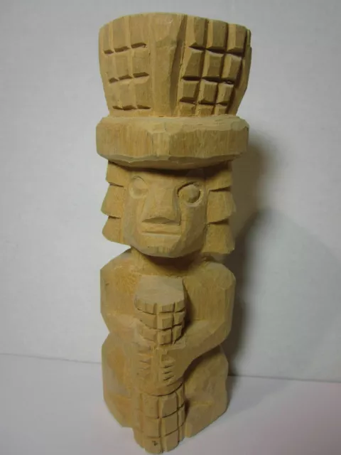 8" Hand Carved Wooden Totem Tiki Figure Wearing Hat & Instrument Natural Vintage