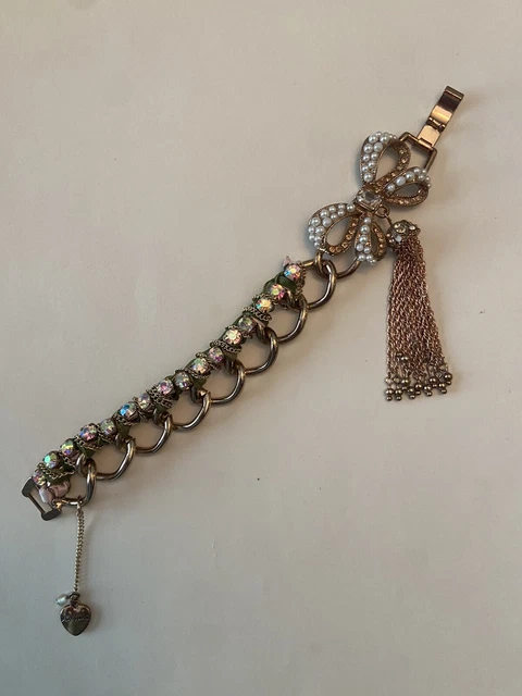Stunning Vtg Signed Betsey Johnson Faux Pearl Bow Tassel AB Rhinestone Bracelet