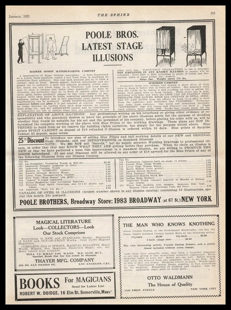 1921 Poole Bros. New York Stage Illusion Cabinets Magic Tricks & Props Print Ad