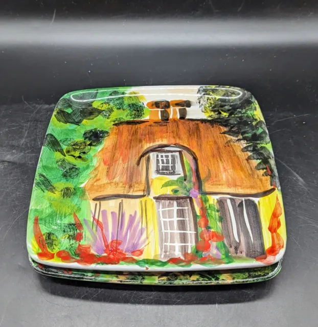 Set/2 Hand Painted Italian Pottery Square Luncheon Plate 8.5" Signed