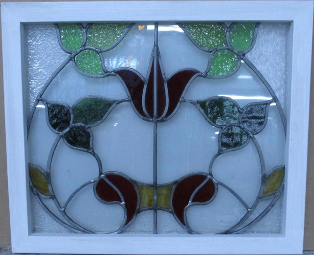 MIDSIZE OLD ENGLISH LEADED STAINED GLASS WINDOW Pretty Floral 23.75" x 20"