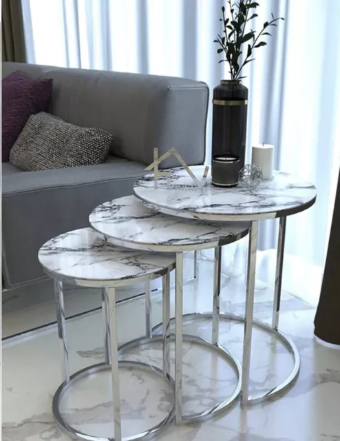 High Gloss Set of 3 Coffee Nest Tables Side End Marble Effect White & Silver