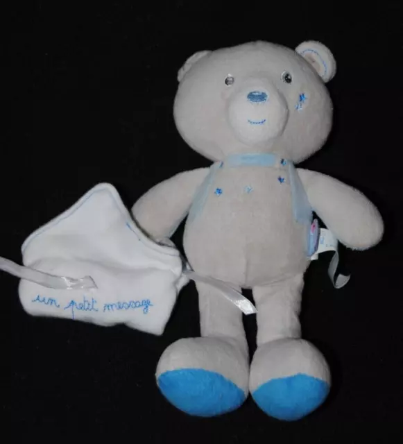 Peluche doudou ours SUCRE D'ORGE gris bleu un petit message blanc 22 cm TTBE