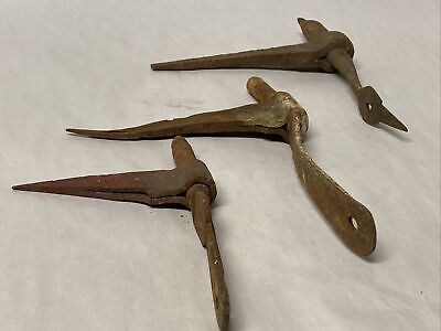 LOT OF 3 LARGER ANTIQUE FORGED WROUGHT IRON SHUTTER DOGS SPIKES STAYS Lot #18 2