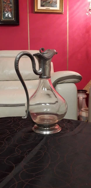 Carafe à Vin Vintage Verre Motif Raisin - Aiguière Couvercle Métal Argenté