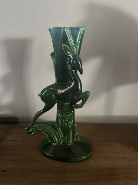 Royal Haeger Leaping Gazelle Green Blue Art Glazed Tall Ceramic Vase