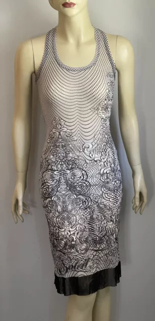 Vtg Jean Paul Gaultier Soleil Semi Sheer Black White Mesh Tattoo Tank Dress XS