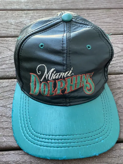 Rare Vintage Miami Dolphins  Leather Black Snapback Hat Aqua Brim USA Team NFL