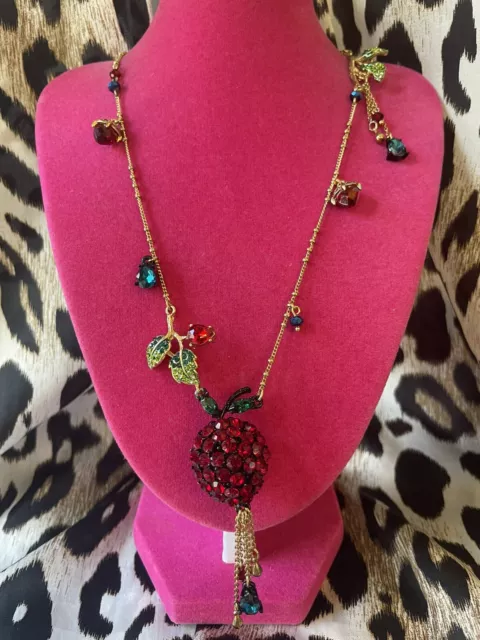 Betsey Johnson Garden Of Excess Red Crystal Rose Bush Apple Blood Drop Necklace