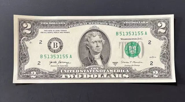 $2 Dollar Bill, Mirror Serial#: 513 5 315 5, Frb B2, 2017A, Unc.