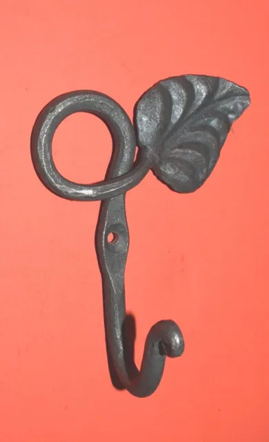 Wall Hook Hanger with Leaf, Wrought Iron Repoussé hand made by Blacksmiths USA