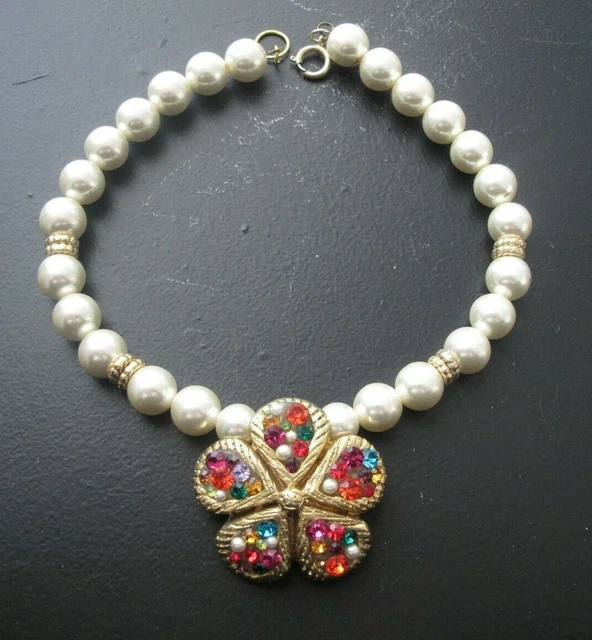 Collier Vintage Jacky De G - Pendentif Métal Doré Avec Résine Et Strass, Occasion, Origine France