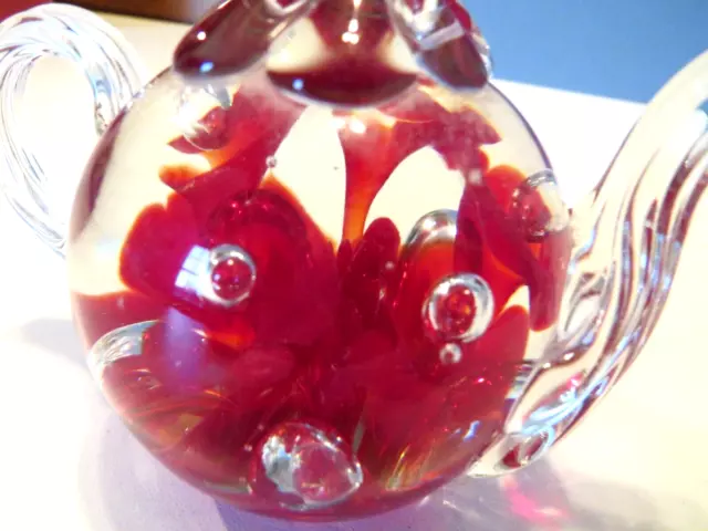 VTG Joe St Claire Clear Teapot Ring Holder Paperweight Red Trumpet Flower Bubble