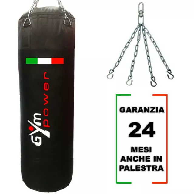 Gym Power Sacco Boxe Professionale Italian Style 20 kg Nero 80x35 cm con Catene